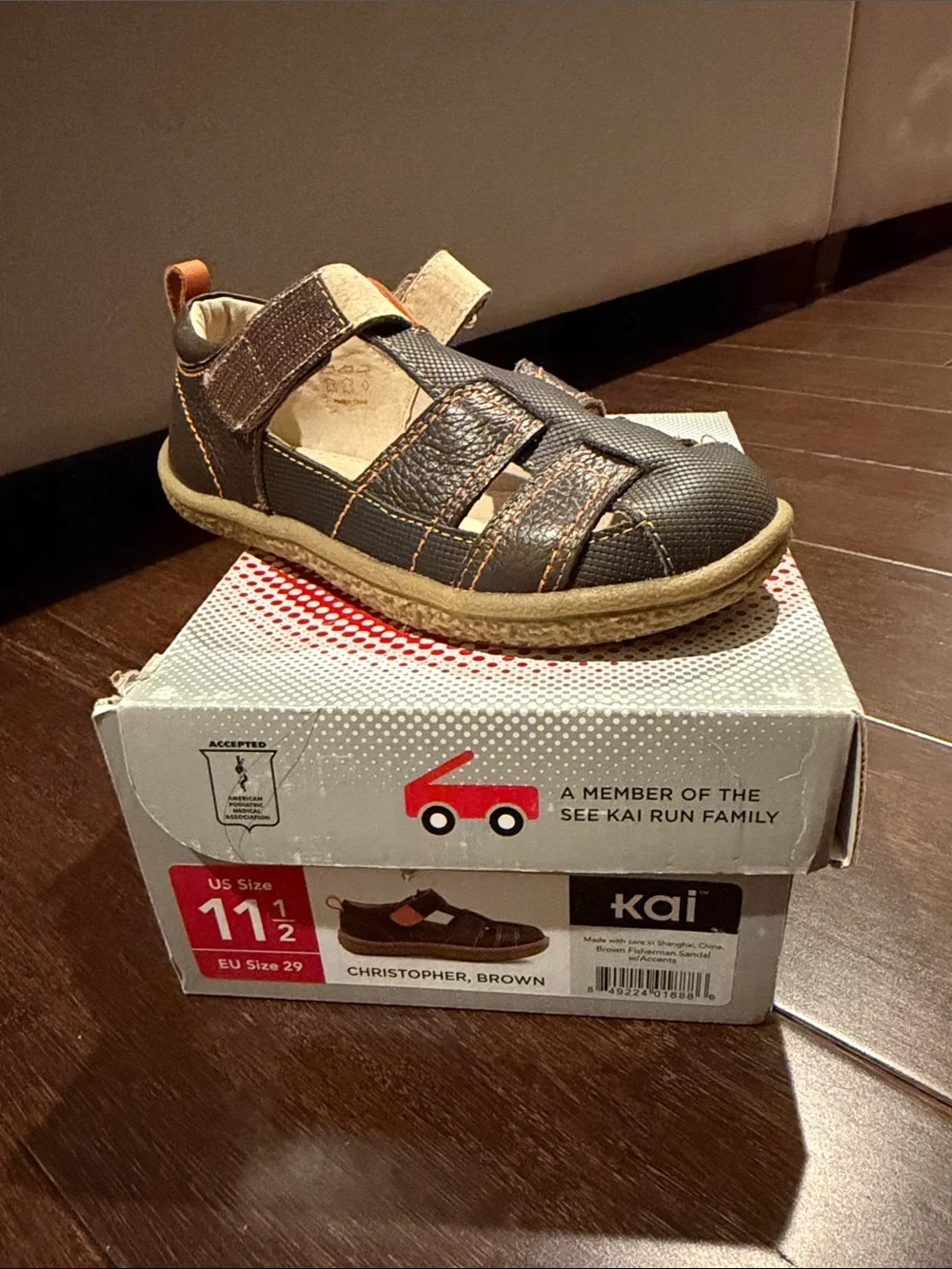 See Kai Run Brown Leather Closed-Toe Sandal with Orange Stitching